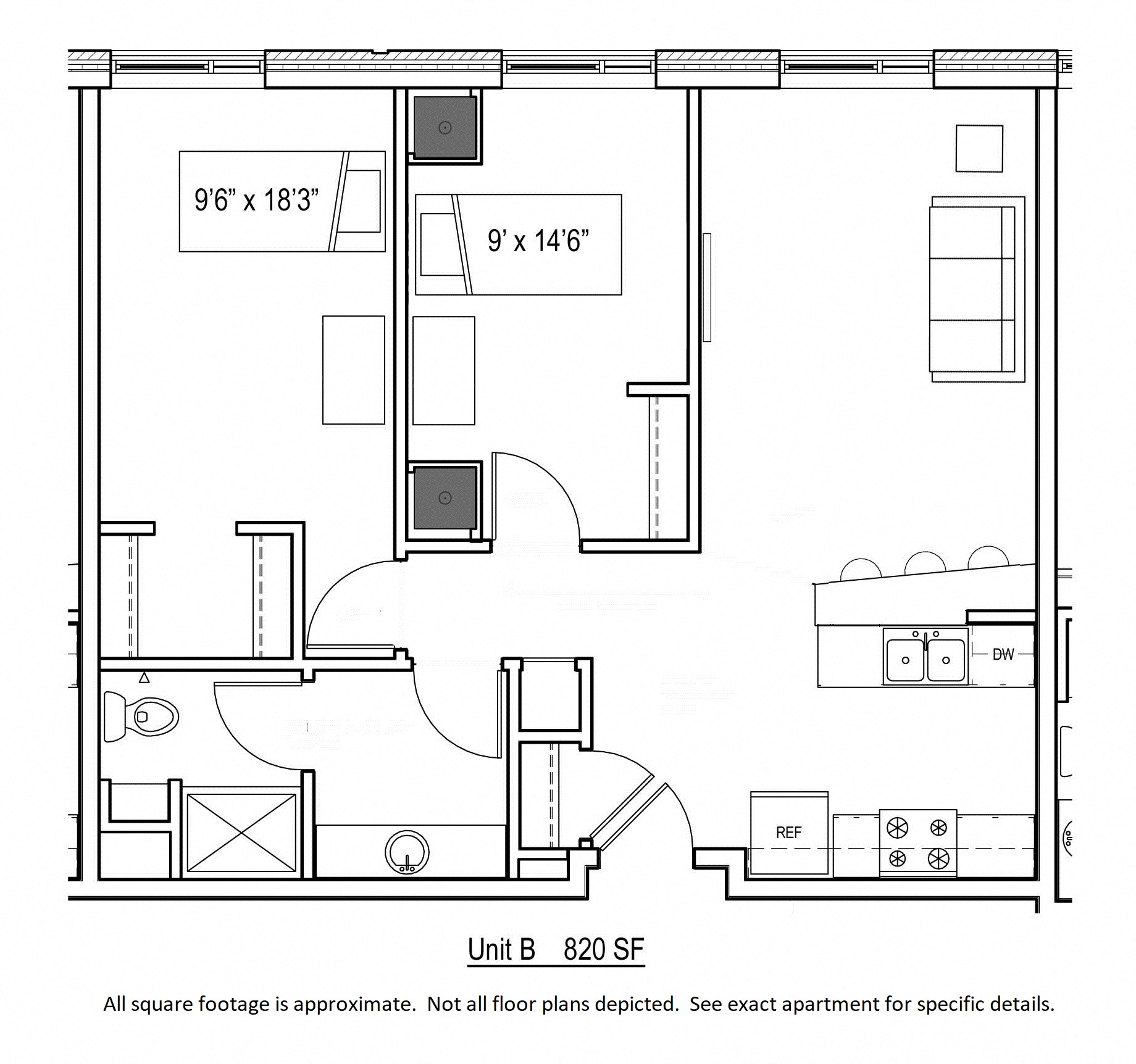 Floor plan for 2 beds, 1 bath, 820 sqft
